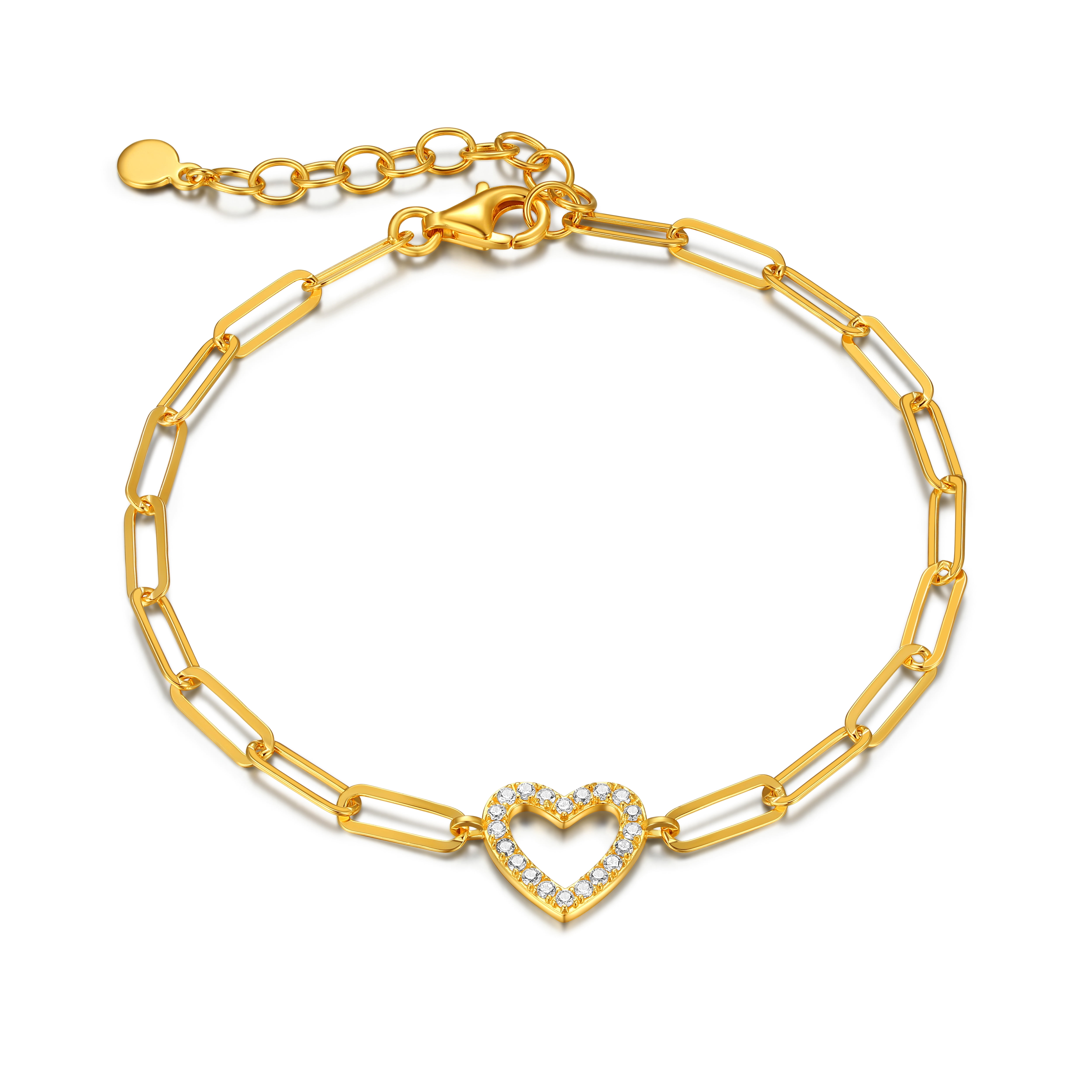 Forever Facets Women's 18K Gold Over Sterling Silver CZ Heart Paperclip Bracelet, 6 3/4" + 1 1/4" Extender