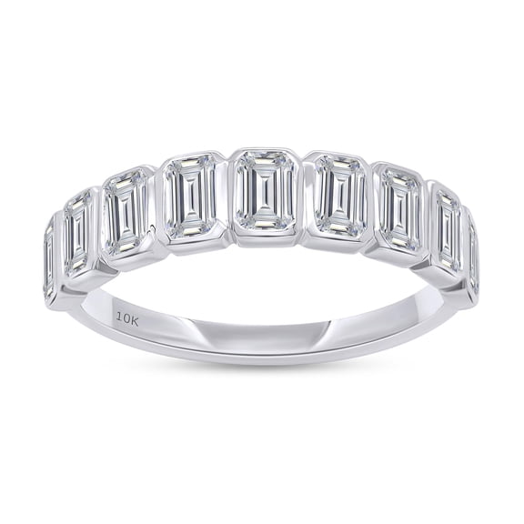 AFFY 1 Carat IGI Certified Lab Grown Diamond Anniversary Band Ring For Women | 10K Solid White Gold | Emerald Shape Bezel Set 9 Stone Half Eternity Wedding Band Ring Size-5