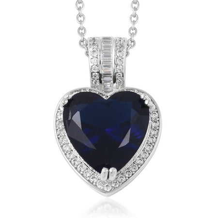 Blue Glass Necklace - Silvertone Blue Glass White Cubic Zirconia CZ Heart Pendant Necklace 20
