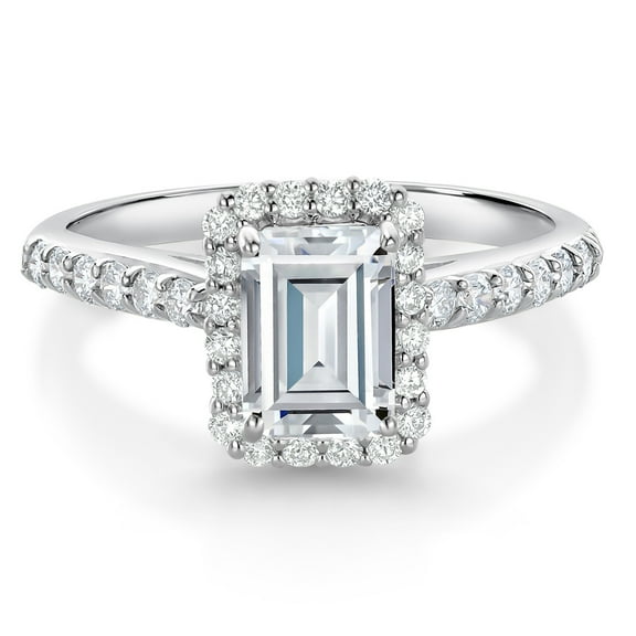 Gem Stone King 10K White Gold White Moissanite and White Lab Grown Diamond Halo Engagement Wedding Ring for Women (1.34 Cttw, Emerald Cut 7X5MM, Size 9)
