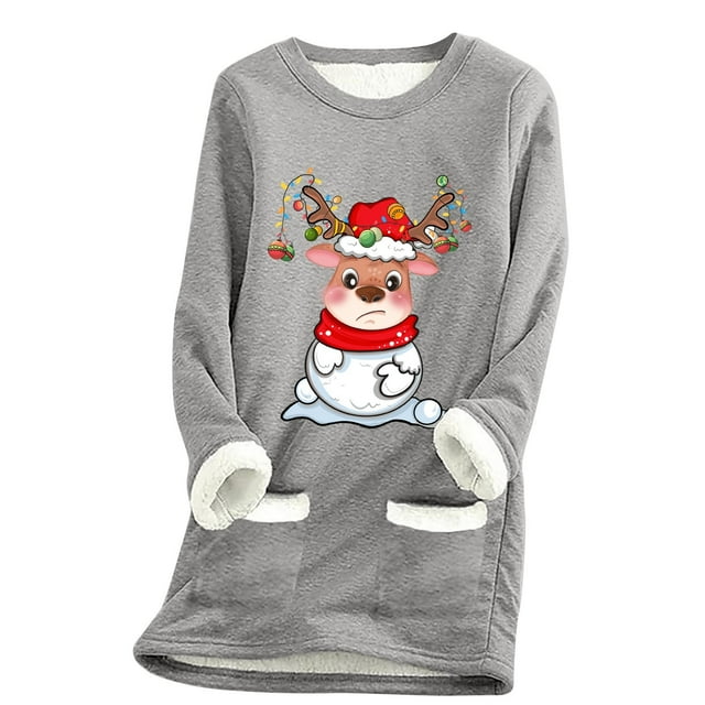 WEAIXIMIUNG Sweatshirts Courts pour Femmes Grande Taille Pull Thermique à Manches Longues Col Rond avec Poche