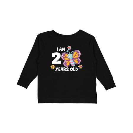 

Inktastic I Am 2 Years Old Cute Smiling Butterfly with Flowers Gift Toddler Toddler Girl Long Sleeve T-Shirt