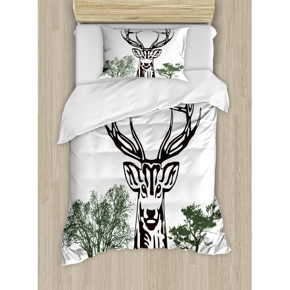 Ambesonne Antlers Duvet Cover Set, Village Mountain Fall, Twin, Chocolate Green White