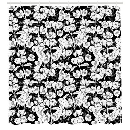 Jasmine Shower Curtain, Blossoming Jasmine Flowers Pattern in Packed and Repeating Form Design Print, Fabric Bathroom Set with Hooks, 69W X 75L Inches Long, Black and White, by