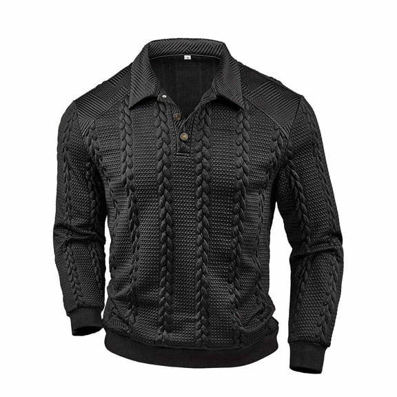 Mems Polo Shirts Long Sleeve Textured Knit Tee Shirts Basic Black Men's Clothing