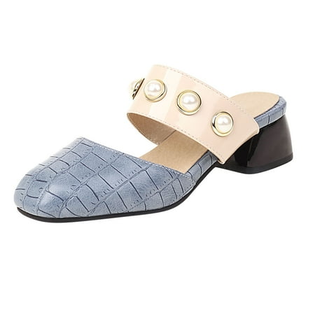 

Rdeuod Sandal Women S Shoes Pearl Slip-On Sandals Square Mid Heel Round Toe Casual Plaid For Women