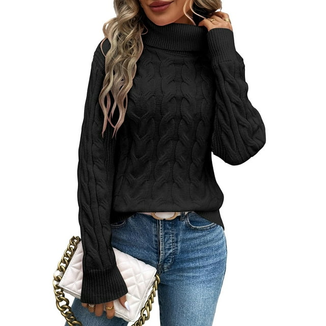 Women Turtle-Neck Sweaters Cable Knit Long Sleeve Pullover Jumper Tops Fall Winter Casual Solid Sweater Black S