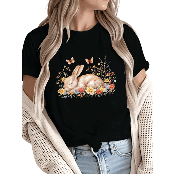 Women Bunny Floral Garden Graphic Fun Tees Tops Round Neck Cotton T-Shirt Black S-5XL