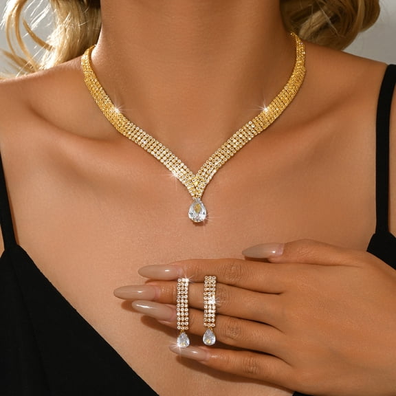 AEXTO Elegant Crystal Statement Necklace and Earrings Set – Sparkling Rhinestone Choker with Matching Drop Earrings for Wedding, Prom, or Formal Events – Silver Tone Bridal Jewelry Gift