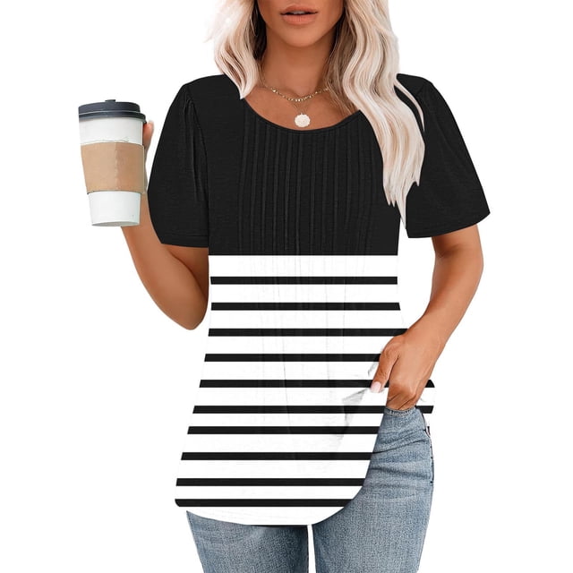 Lydiaunistar T-Shirt Décontracté à Manches Courtes pour Femmes, Col Rond, Imprimé Floral, Grande Taille, Mélange Polyester Spandex, Confort Quotidien, Lavable en Machine, Noir