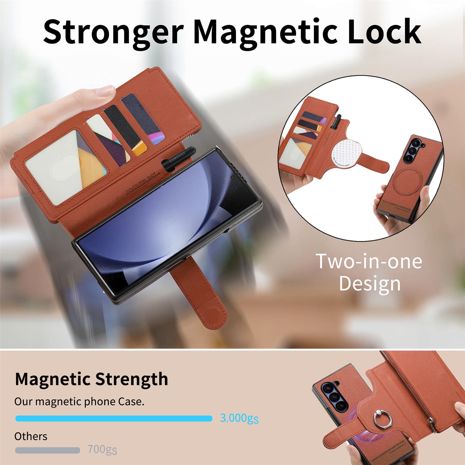For Samsung Galaxy Z Fold 6 Phone Case,2-in-1 Magnetic Detachable Flip,Flip Folding Kickstand,With Card Slots,Zipper Pocket,Ring Holder,Fit Wireless charging,Shockproof Phone Case,Brown