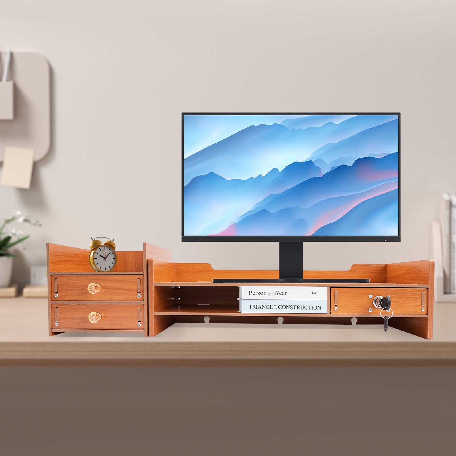 Wooden Desk Organizer With Drawers Office Supplies Computer Stand Desktop Tabletop Storage Stand
