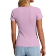 thumbnail image 4 of Qwertyu Womens Tops 2026 Spring Summer Top Henley V Neck Short Sleeve Button Slim Fit Casual Ribbed Knit Shirts Blouses Clothes Purple Pink 3XL, 4 of 7