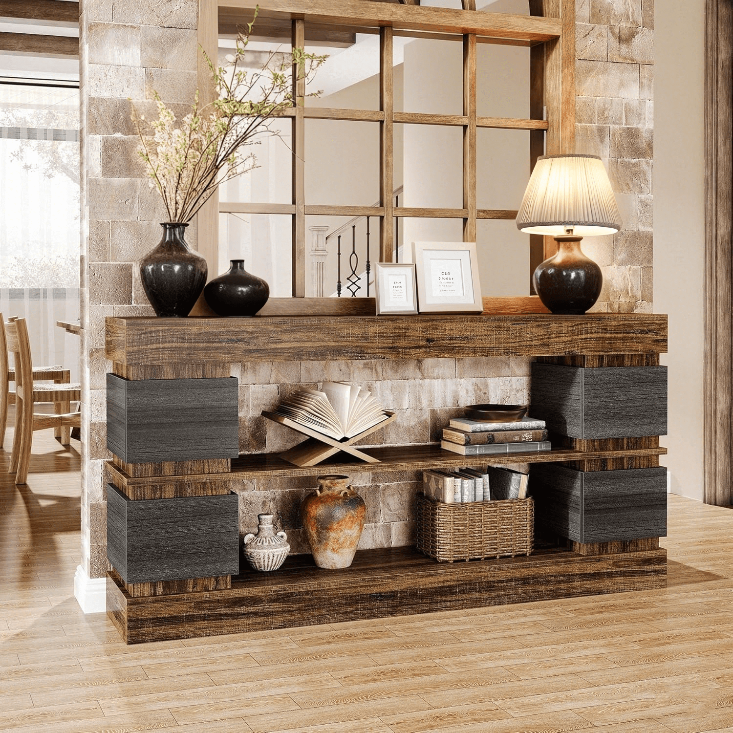 Tribesigns Long Console Table with Storage, 63" Wood Entryway Table, 3-Tier Farmhouse Table with 4 Compartments for Entrance, Living Room, Rustic Brown
