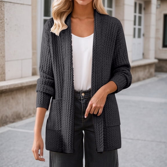 Womens Lightweight Open Front Cardigan Soft Comfy Long Sleeve Knitted Sweaters Fashion Casual Outerwear with Pockets New Black M