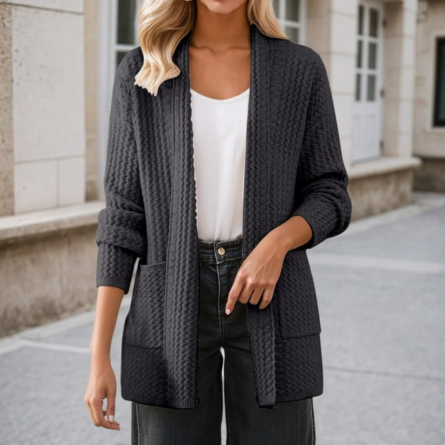 Ailaofu Women's Casual Open Front Sweater Long Sleeve Rib Knit Cardigan