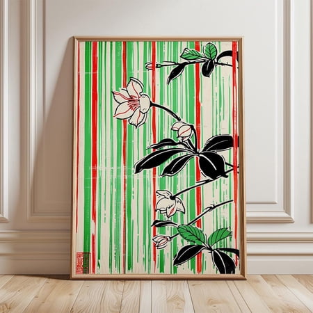 Japanese Floral Poster Abstract Botanical Wall Art Vintage Oriental Print Modern Nature Illustration Red and Green Minimal Decor