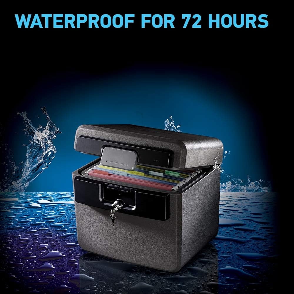 Black Fireproof and Waterproof Safe, File Folder and Document Box with Key Lock, Ex. 14.3 x 15.5 x 13.5 inches