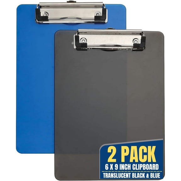 1InTheOffice Small Clipboards 6x9 Plastic Memo Size, Translucent Blue/Translucent Black, 6 x 9 Clip Board- Mini, 2 Pack