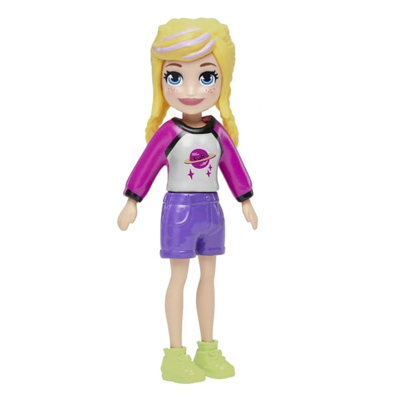 Polly Pocket Collectible Doll ~ Polly Wearing Purple Shorts, White and Purple Saturn Shirt, Green Boots and Wearing Heart Locket ~ 3 1/2" Tall ~ HDW45