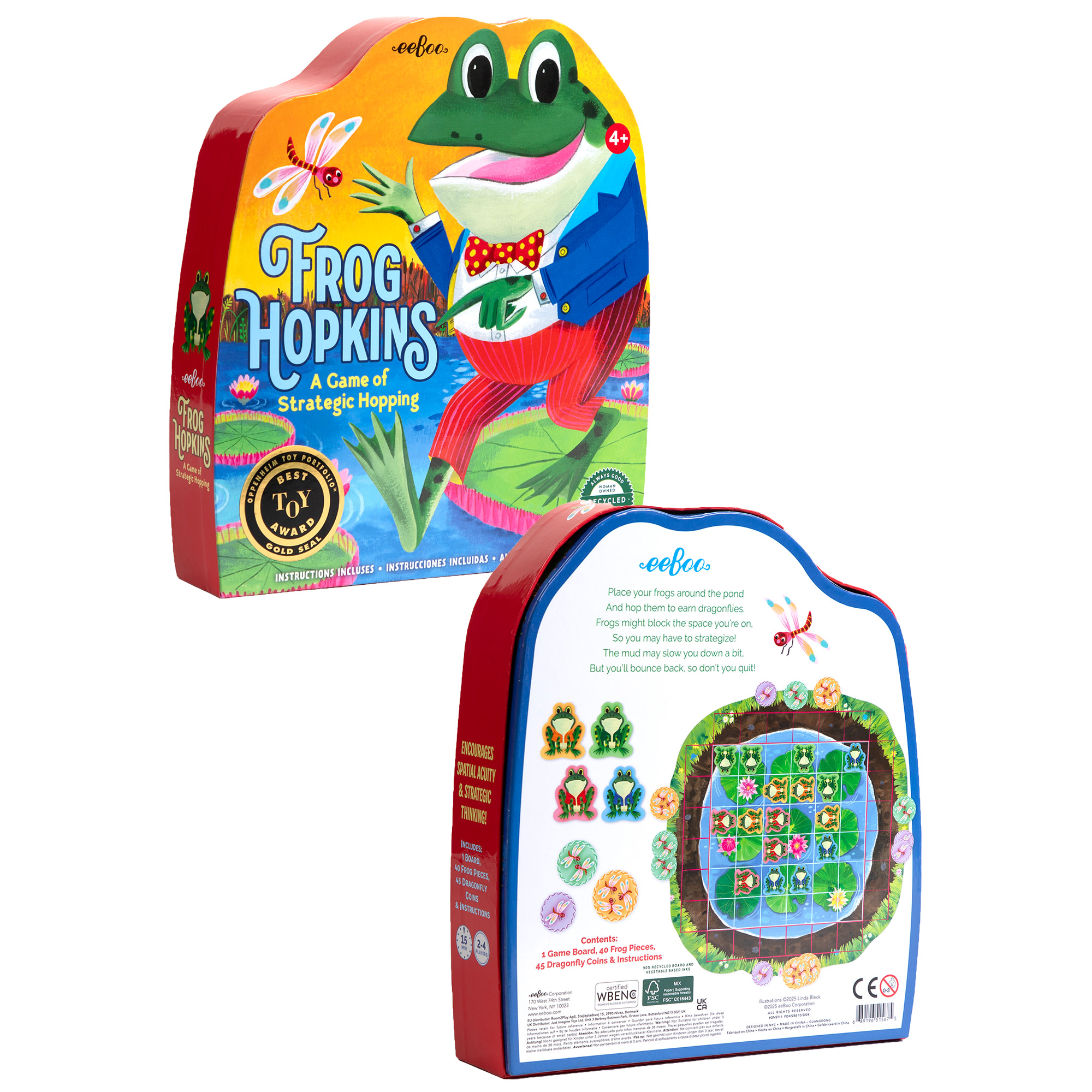 eeBoo: Frog Hopkins Game - A Board Game Of Strategic Hopping Around The Pond, Playful Frog & Butterfly Pieces, Spatial Activity, Kids 4+, 2-4 Players