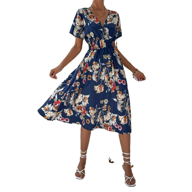 Allover Floral Shirred Wrap A-line Dress