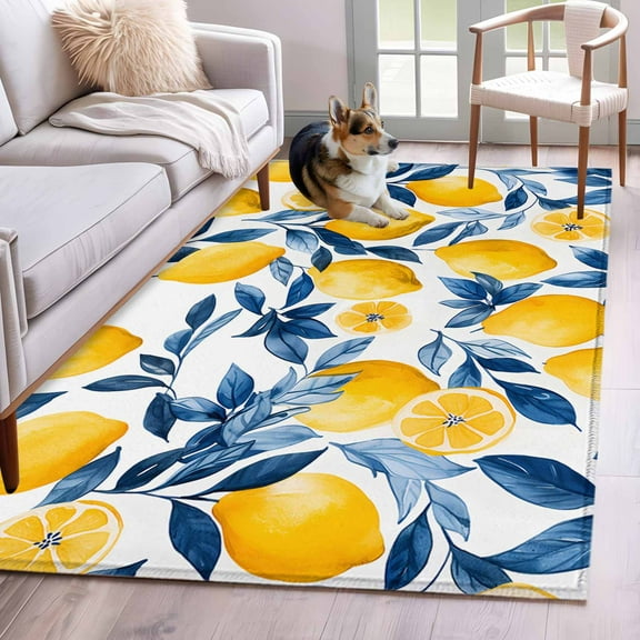 Lemon Area Rug 3x5 Washable Rug Non Slip Watercolor Blue Yellow Branch Summer Spring Large Area Rug Indoor Floor Carpet for Entryway Bedroom Kitchen Living Room Home Office Dining Room Nursery