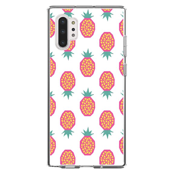 DistinctInk Clear Shockproof Hybrid Case for Galaxy Note 10 PLUS (6.8" Screen) - TPU Bumper, Acrylic Back, Tempered Glass Screen Protector - Summer Graphics - Pineapple Pattern - Pink