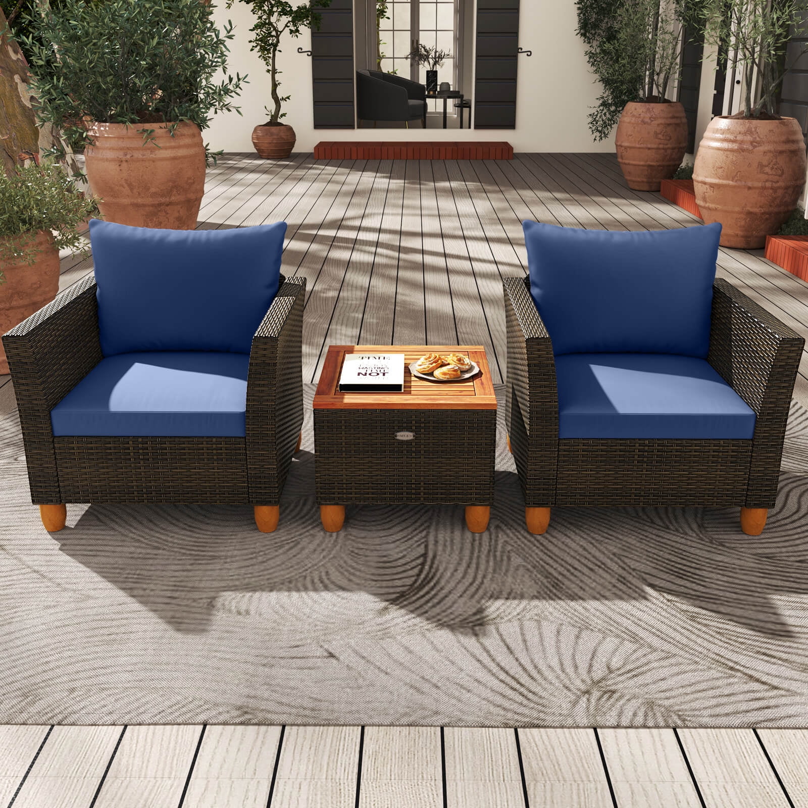 Costway 3 PCS Outdoor Patio Rattan Bistro Furniture Set Wooden Table Top Cushioned Sofa Navy