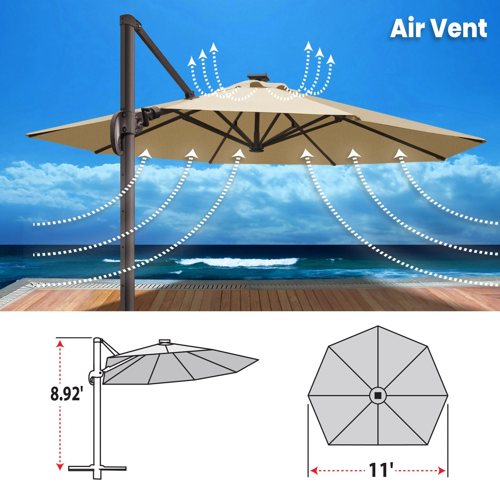 SUNRISEUMBRELLA 11' Deluxe Cantilever Umbrella LED Lighted Umbrella Sunbrella Cover Patio Umbrella Garden Outdoor (Heather Beige)