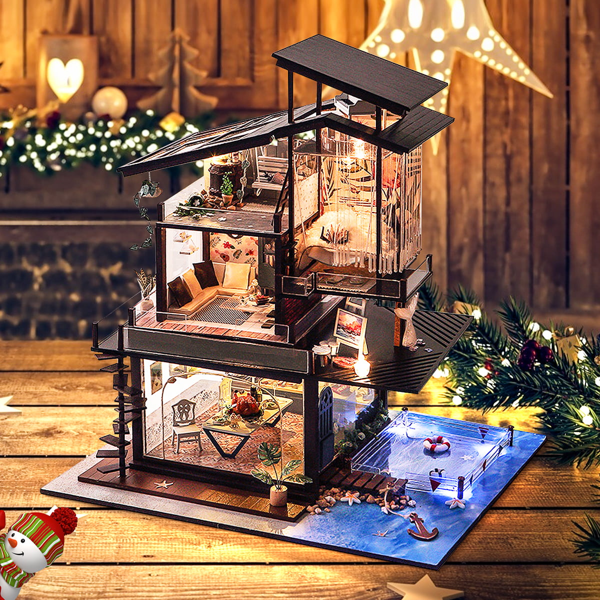 BEAUTYS CASTLE DIY Valencia Coastal Villa Wooden Dollhouses With LED Light And Wooden Frame For Creative Birthday Gift 