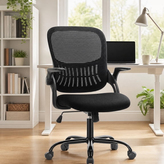 Kelno Ergonomic Mesh Office Chair Mid Back Desk Chair with Lumbar Support Flip-up Armrests Adjustable Height Swivel Task Chair, Black