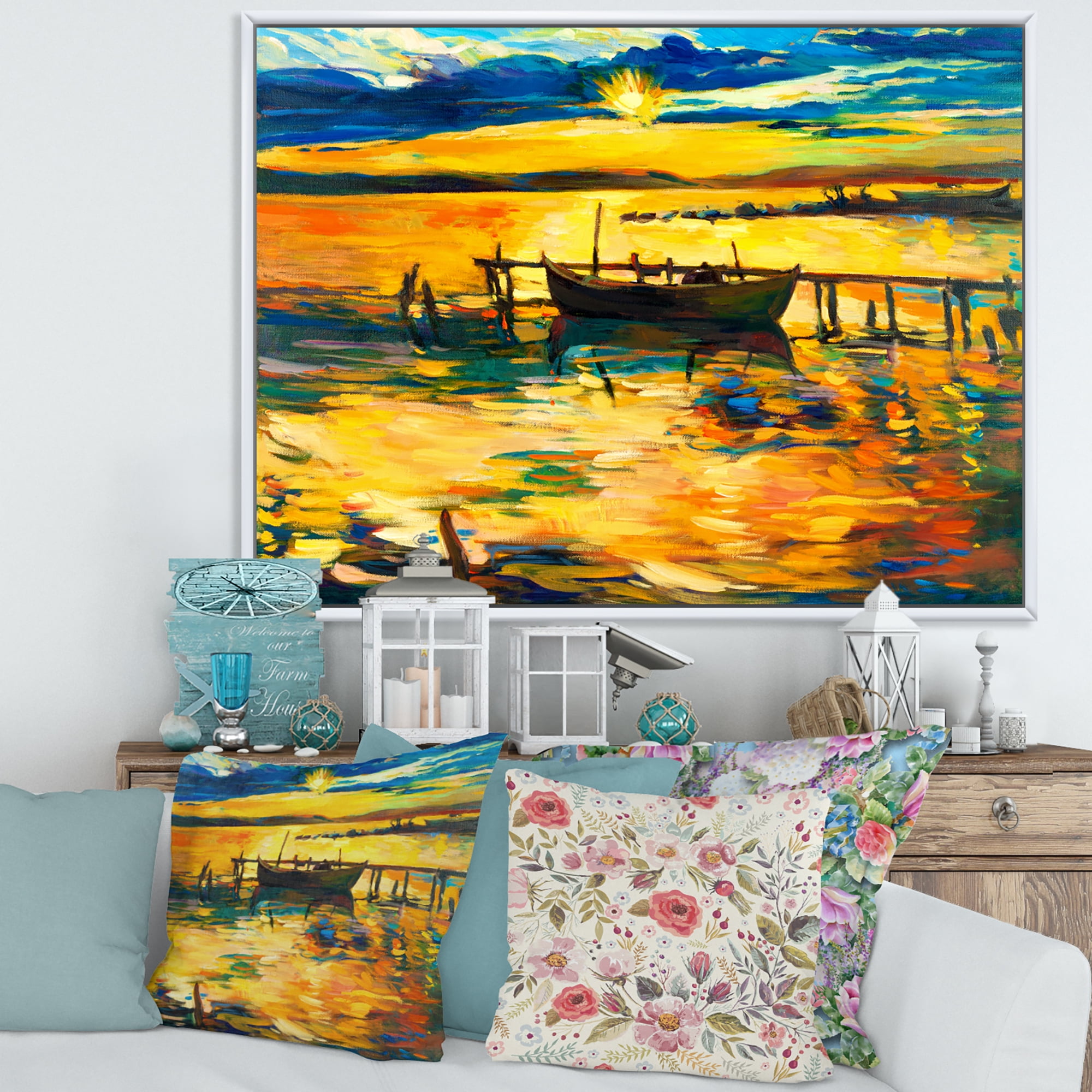 Designart 'Boat At The Lake During Evening Glow VI' Nautical & Coastal Framed Canvas Wall Art Print