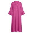 thumbnail image 4 of FDGIU Women's Collared V Neck Half Button Bell 3/4 Sleeve Loose Linen Midi Dress, Casual Office Work Spring Fall Home Lounge Straight Mid Length Dresses, 4 of 6
