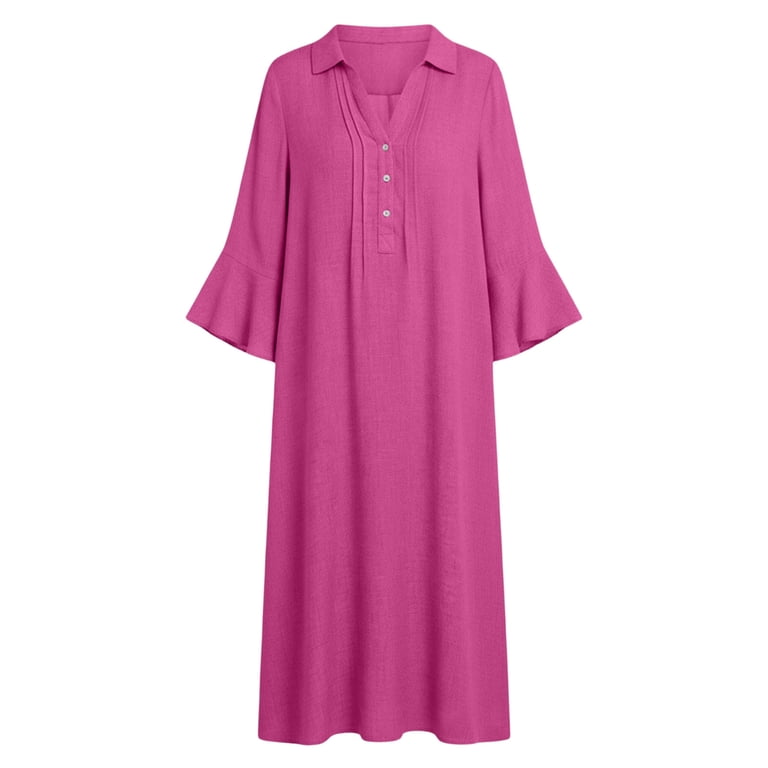 hot pink cotton dress Womens Solid Color Loose fit Button Down 3/4 Sleeve Long Maxi Dress Linen Caftan with Pockets Sequin-promo-aug-25