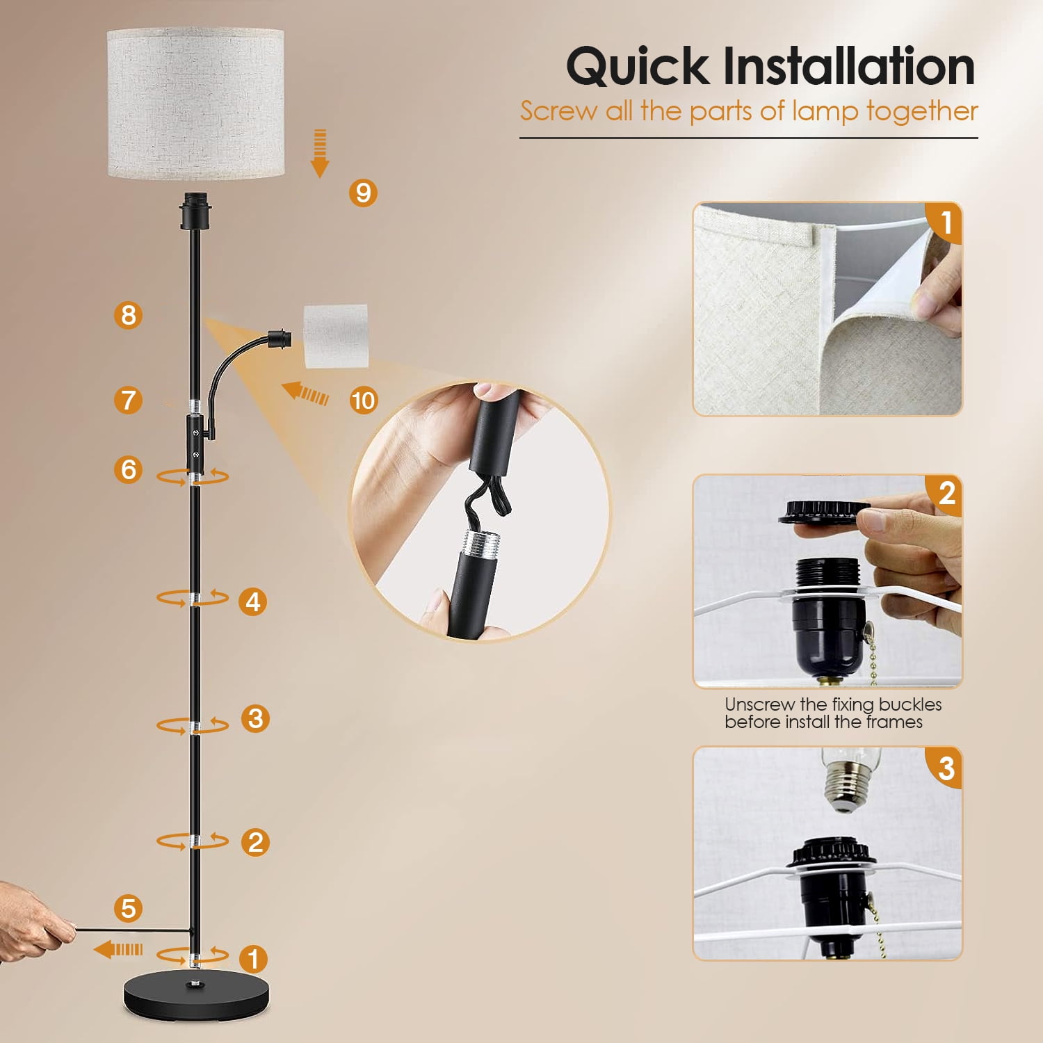 iMounTEK Floor Lamp, Tall Standing Lamp with Reading Light for Living Rooms & Offices, Modern Corner Lamp with Linen Shade, 3200K , Bulb Included, Grey