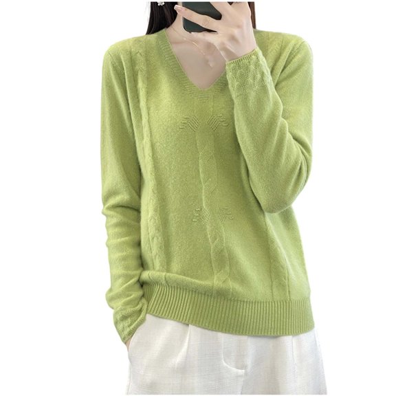 Sweater for Women Long Sleeve Loose Fit Fall Fashion V Neck Pullover with Ribbed Hem
