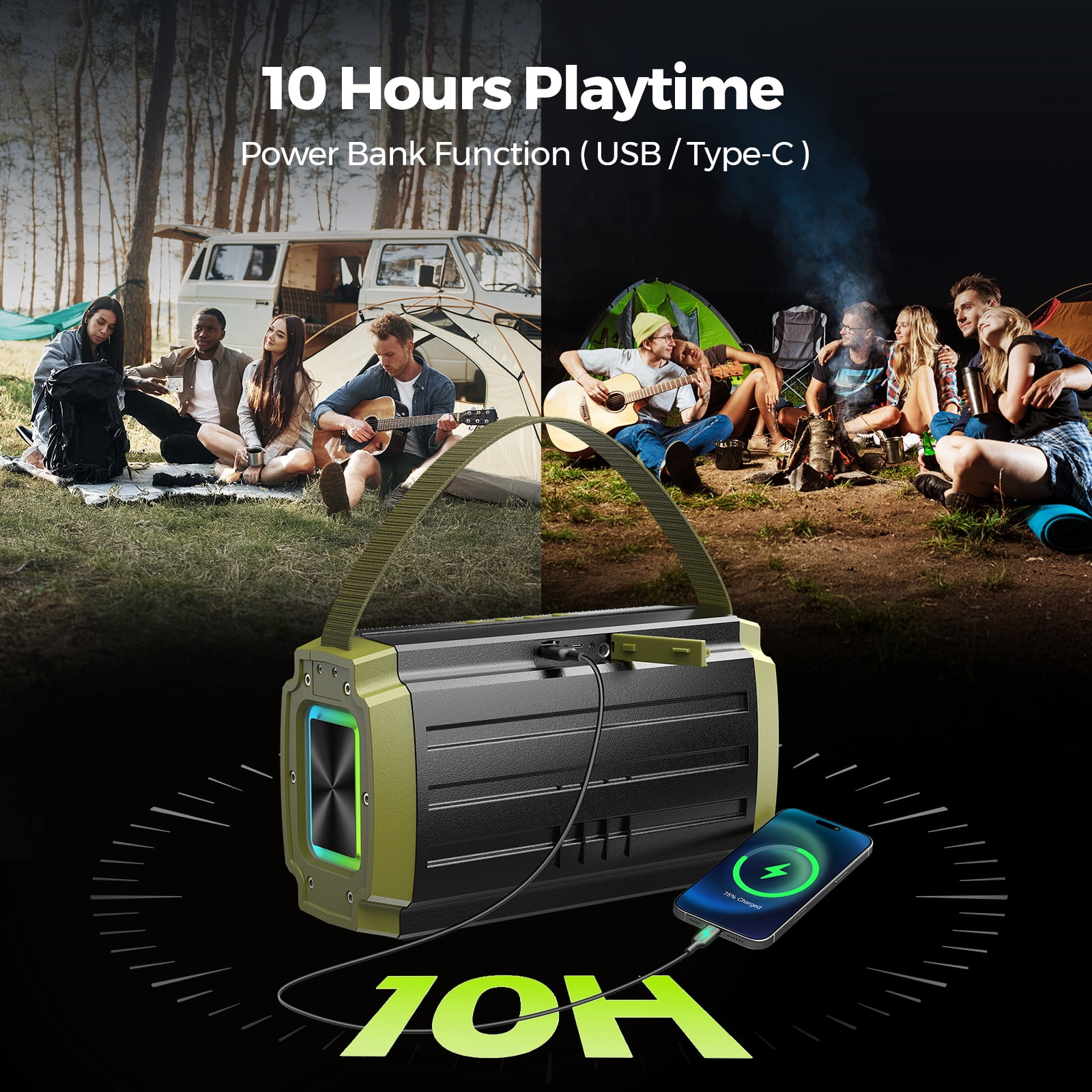 Seenda Bluetooth Speaker, 80W, Subwoofer, RGB Lights, 10H Playtime, IPX6 Waterproof Portable Wireless Speaker with Handle for Outdoors, Camping, Beach