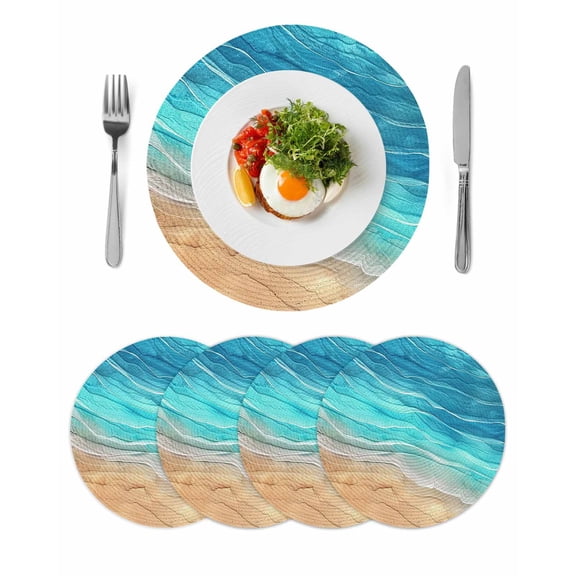 Aqua Ombre Coastal Round 15 Inch Placemats Set of 4, Summer Nautical Beach Ocean Seaside HeatResistant Non Slip Place Mats for Dining Table, Wipeable Braided Kitchen Table Mats for Housewarming