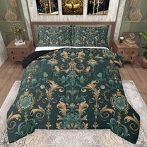 Feelyou Green Gold Damask Queen Comforter Set for Women, Hippie Rustic Flower Bedding Sets, Retro Bohemian Style Reversible Bedding Comforter Set, Breathable Home Decor, 3 Pieces