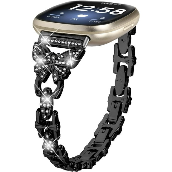 REQO Bling Bands Compatible with Fitbit Versa 4/Sense 2/Versa 3/Sense, Shinny Metal Bracelet Straps Luxurious Rhinestone Replacement Wristband for Women
