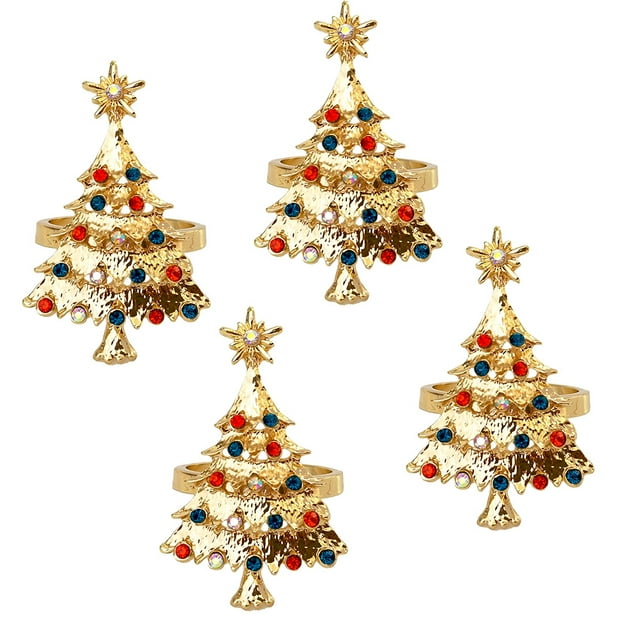 4 Pcs Anneaux de Serviette Design Arbre de Noël avec Strass Boucles pour Fête Mariage (Doré)