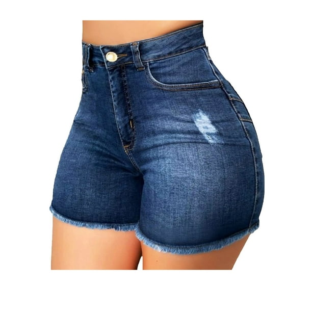 Eyicmarn Women Stretchy Denim High Waisted Frayed Hem Curvy Fit Jeans Shorts - Walmart.com