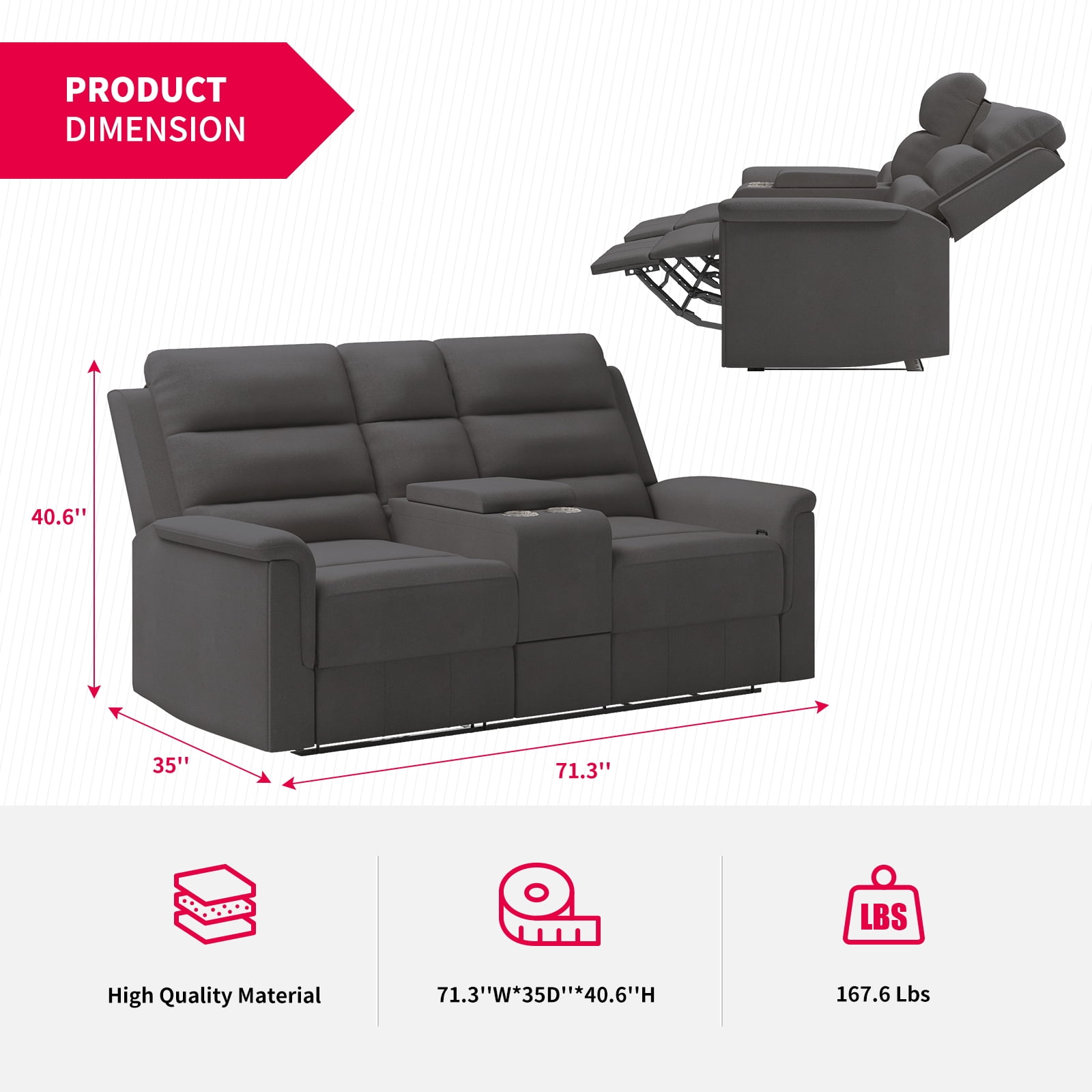 MUZZ Reclining Sofa Set, Modern Recliner Sofa with Cup Holders, Flip-Up Storage, Reversible Backrest and Footrest, Gray