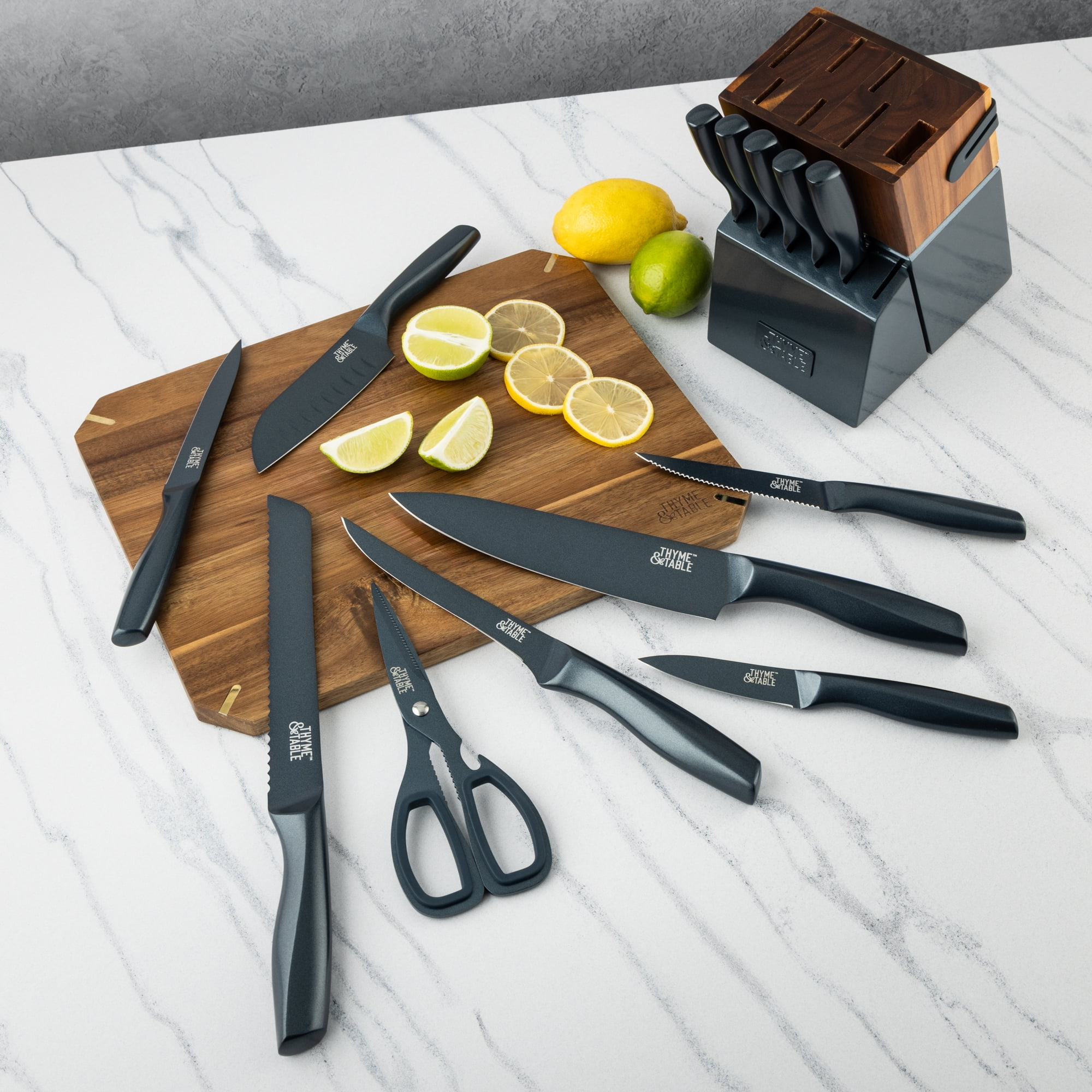 Thyme & Table 15-Piece Knife Block Set with Sharpener - Navy