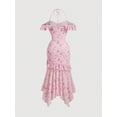 thumbnail image 2 of Pink Floral Off-Shoulder Ruffled Mermaid Dress With Asymmetrical Hem, 2 of 4