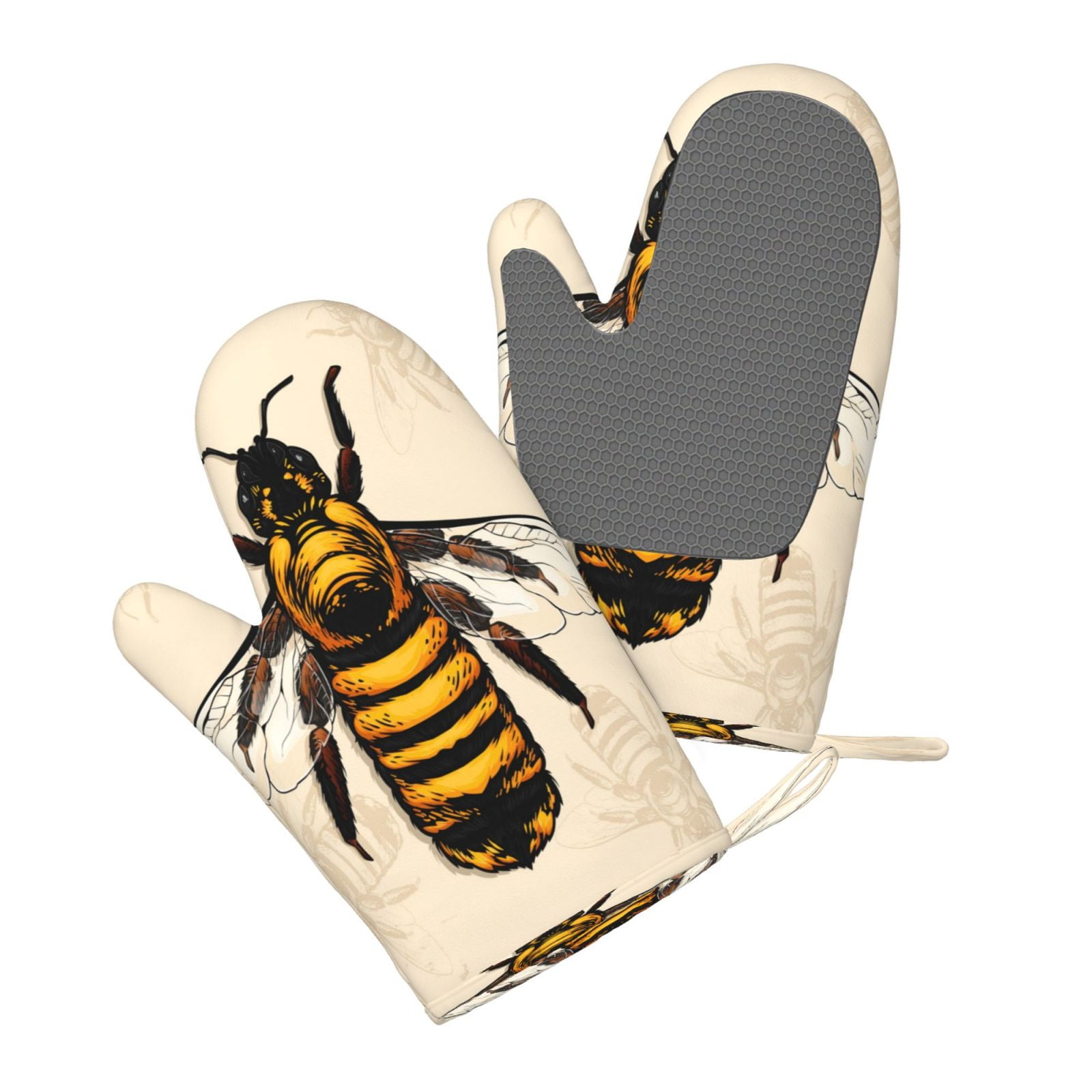 Hirioo Honey Bee for Silicone Oven Mitts for BBQ, Baking, Cooking, Set of 2, Heat Resistant 260℃, Non-Slip Kitchen Essentials