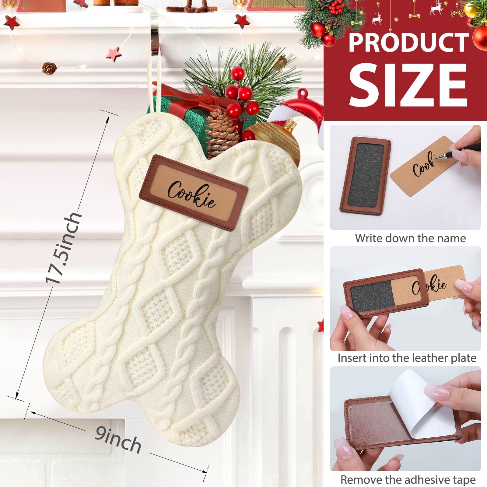 Ayieyill 18" Dog Christmas Stocking, Bone Shape Stocking Christmas for Dog, Large Pet Stockings Hanging Christmas Decorations (White)