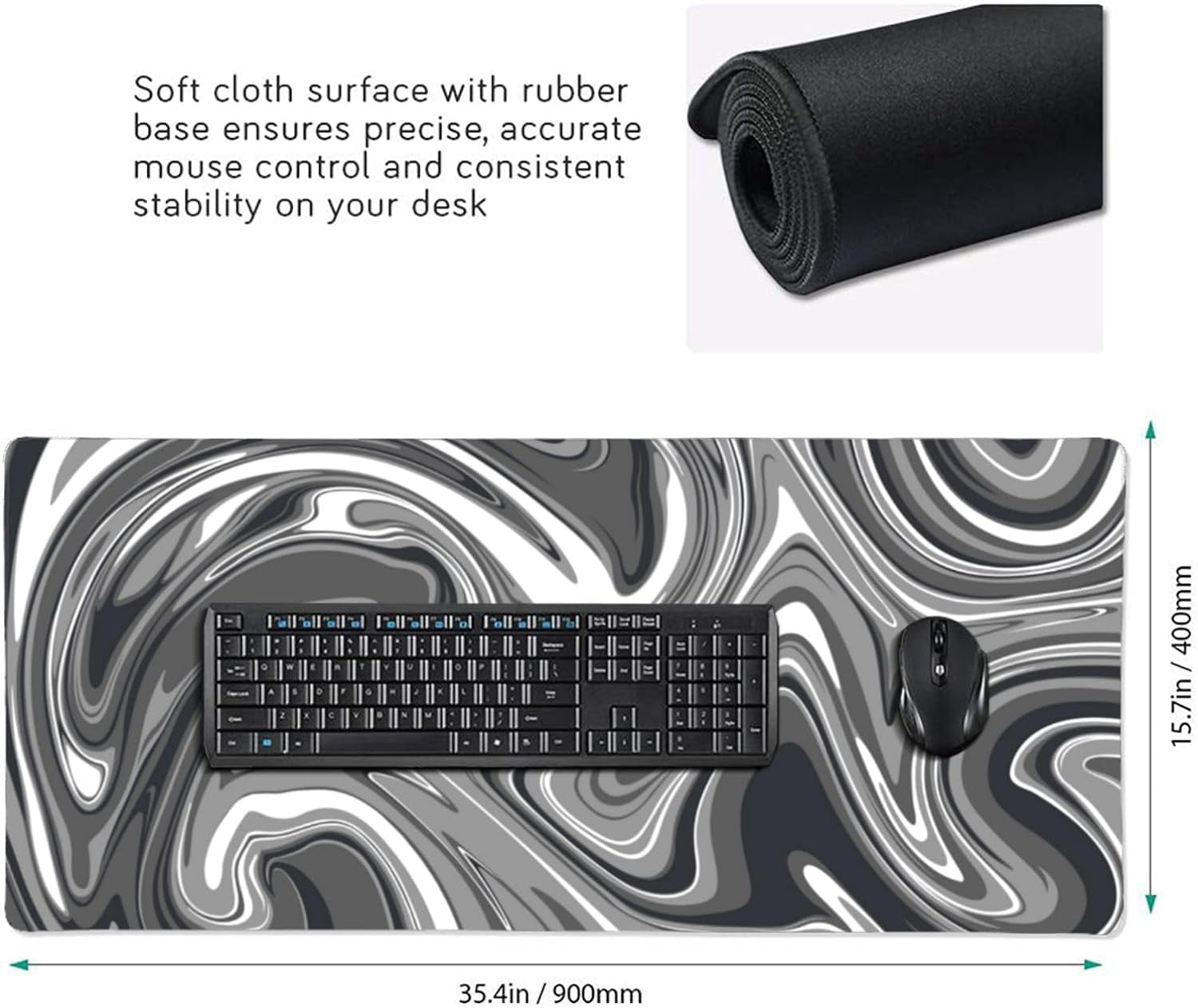 Large Mouse Pad Strata Liquid (35.4 x15.7in) Extended XXL Gaming Desk Mat with Non-Slip Rubber Base,Marbled Design Fluid Gray White Swirl Laptop Computer Desk Mat for Work,Game,Office,Home