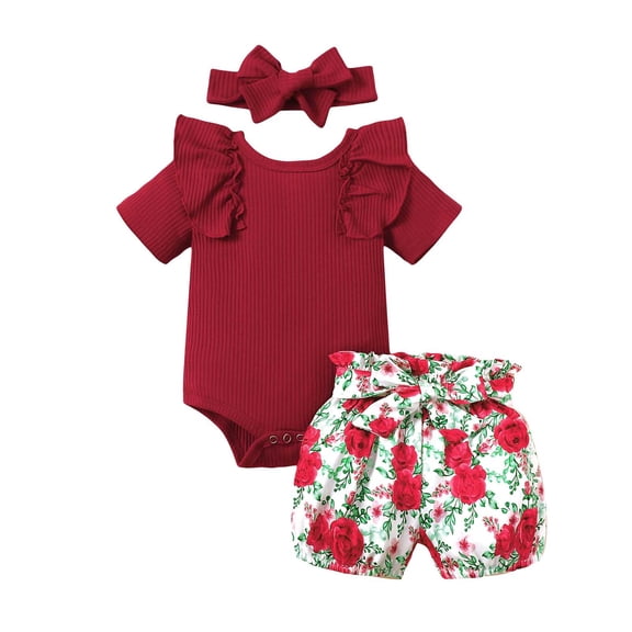 Girls Summer Outfit Ribbed Ruffle Bodysuit Floral Bloomer Shorts Headband 3 Piece Baby Clothes Set 0-24M